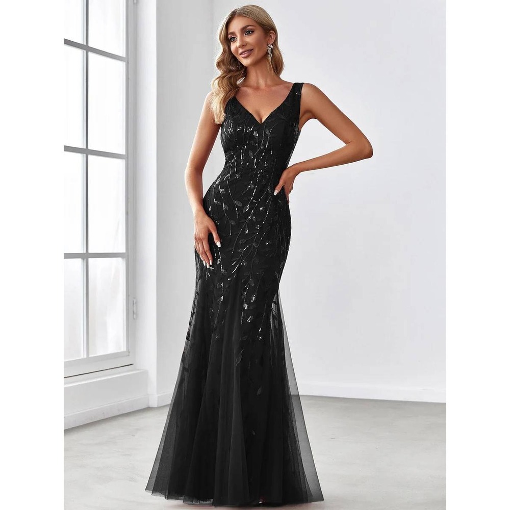 Ever Pretty Oriel Black Sequin Mermaid V Neck Formal Evening Gown NWOT / SZ 4